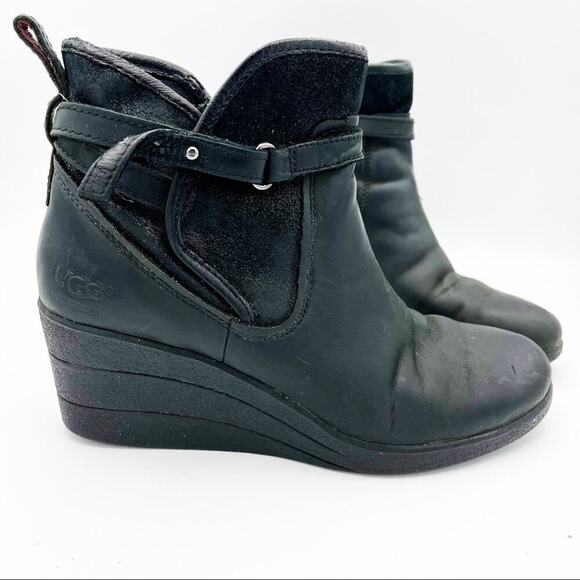 Ugg Emalie Moto Buckle Wedge Leather Lined Heels Boots Shoes Bootie - Picture 7 of 14